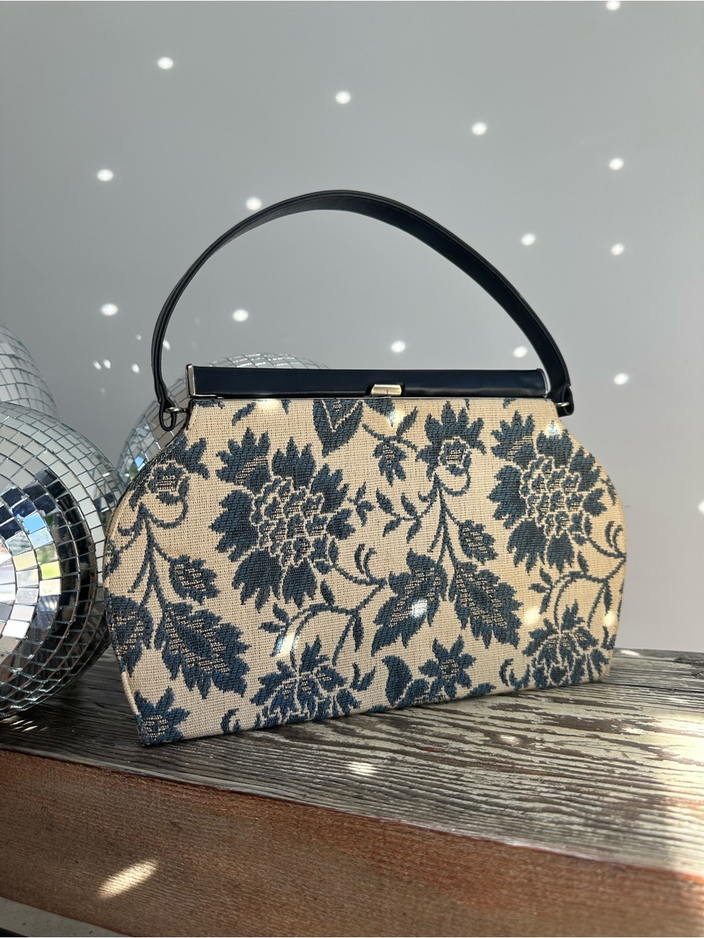 Vintage Floral Tapestry Purse Beige and Navy